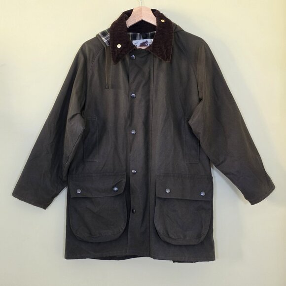 VTG Lavenir Wax Chore Coat Men 36 Military Green LS Lined Cotton Equestrian Hood - Picture 2 of 16